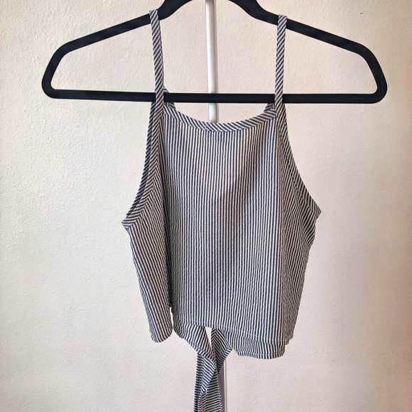 William B Grey/White Stripe Tie Front Crop Top (S) - Picture 2 of 4